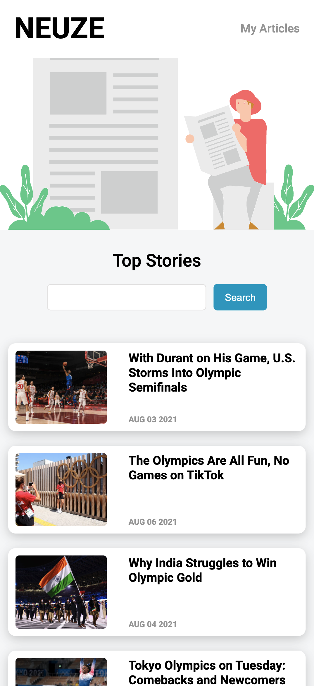Neuze's main mobile view.